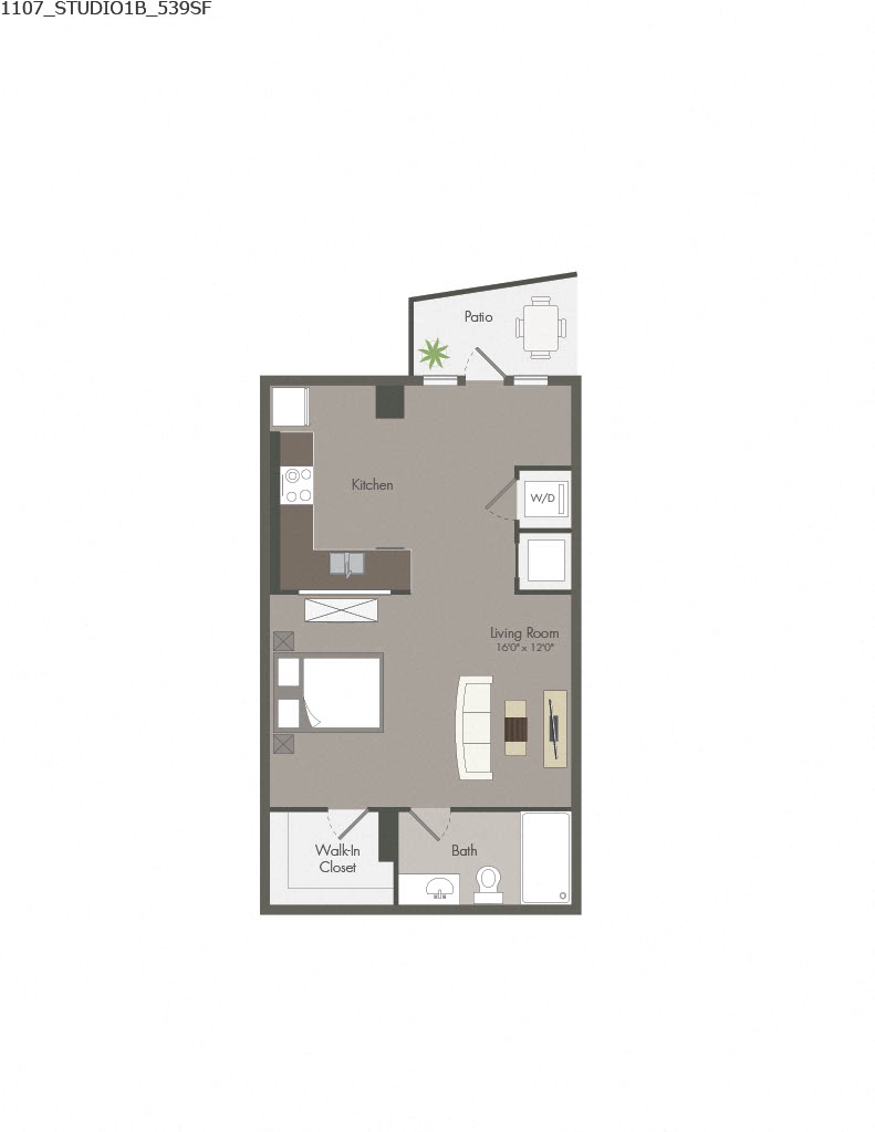 Floor plan for studio, 1 bath, 539 sqft